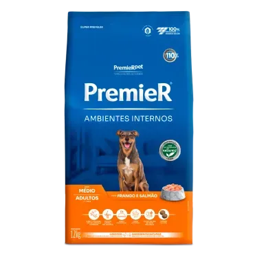 Racao Premier Ambientes Internos Caes Adultos Porte Medio Frango e Salmao 12kg Frente